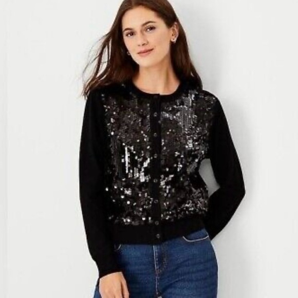 NWT Ann Taylor Black Sequin Front Ann Cardigan Womens XS - Picture 1 of 13